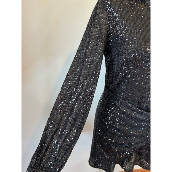 Parker sequin black mini cocktail dress size 0 collar long sheer sleeve tie fron - Picture 5 of 12
